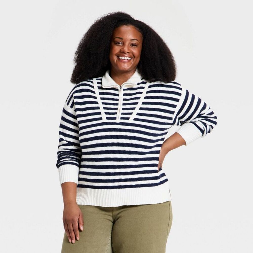 Women's Long Sleeve Mock Turtleneck Quarter Zip Pullover Sweater - Blue XXL